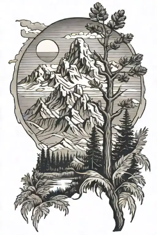 grand tetons, palm tree tattoo design idea