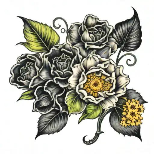 four leaf clover, rose, yellow daisy and black tulip are separately together tattoo design idea