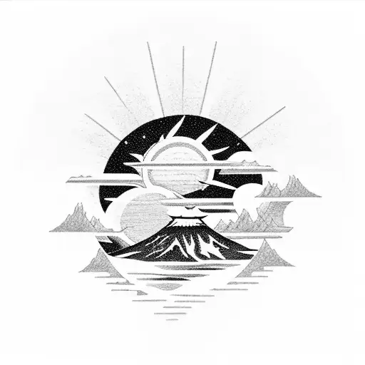 tattoo of mountains with a Japanese temple, with a red Japanese sun in the background and a lake in front tattoo design idea