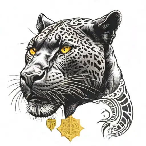 the vegvisir on the shoulder and the head of a black panther with yellow eyes on the bicep tattoo design idea
