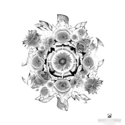 A Storm of flowers perfectly centered, Wilted at their edges  tattoo design idea