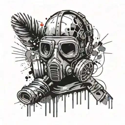 tattoo, brush, skull in a gas mask, old school technique, trash polka, black and white style, cyberpunk, apocalypse, the tattoo design idea