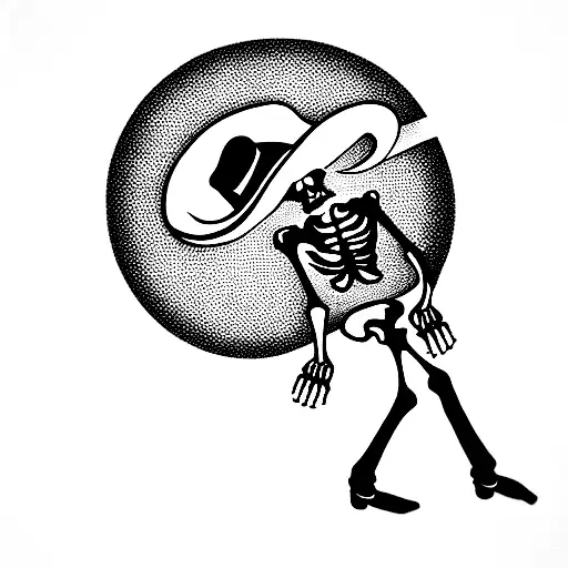 skeleton in a tophat dancing while the world burns behinds him, and a black sun, all of that in a frame  tattoo design idea