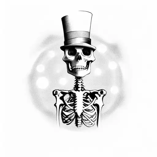 skeleton in a tophat dancing while the world burns behinds him, and a black sun, all of that in a frame  tattoo design idea