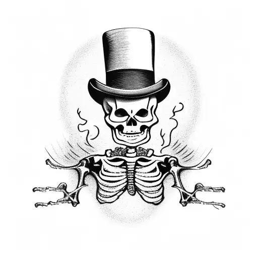 skeleton in a tophat dancing while the world burns behinds him, and a black sun, all of that in a frame  tattoo design idea