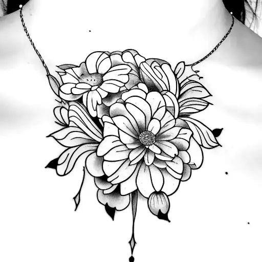 line art and flowers on collar bones tattoo design idea