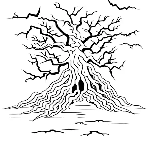 scary tattoo, scary leafless tree with a dark shadow in a rob standing in the back and skeletons in the floor  tattoo design idea
