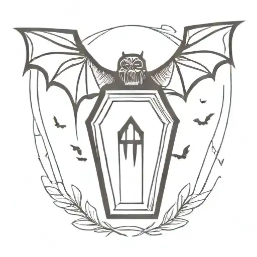 coffin with bats flying overhead tattoo design idea