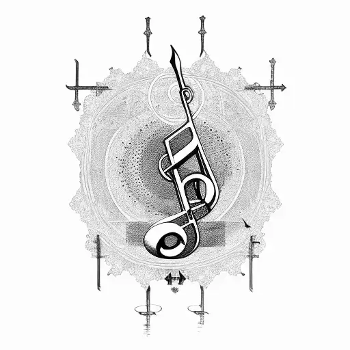 A gothic cathedral with musical notes swirling around it tattoo design idea