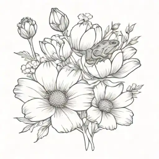 cosmos and marigold flower bouquet with cute frog facing me  tattoo design idea