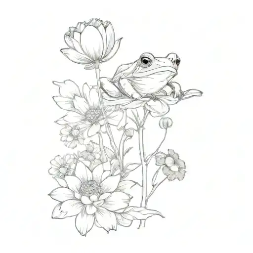 cosmos and marigold flowers with stems with cute small frog holding  the flowers  tattoo design idea