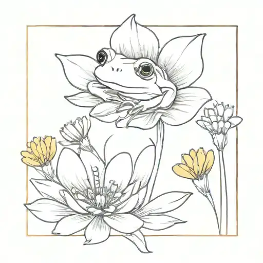cosmos and marigold flowers with stems with cute frog sitting  tattoo design idea