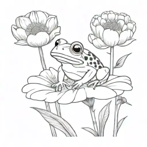 cosmos and marigold flowers with stems with cute small frog holding   tattoo design idea