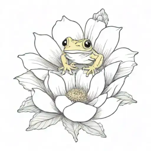 cosmos and marigold flower with cute frog  tattoo design idea