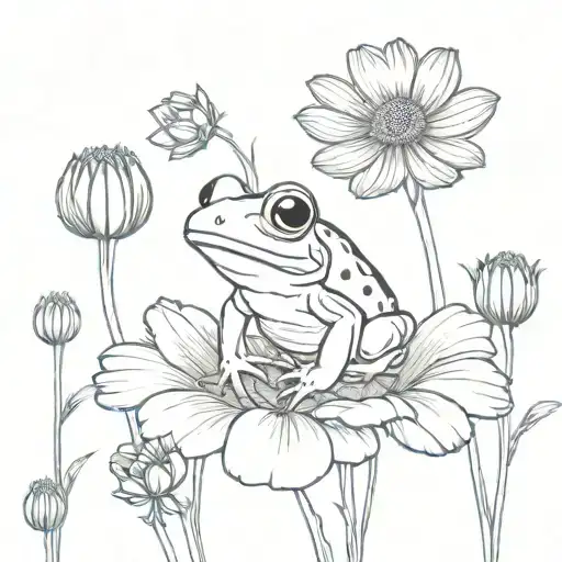 cosmos and marigold flowers with stems with cute small frog sitting  tattoo design idea