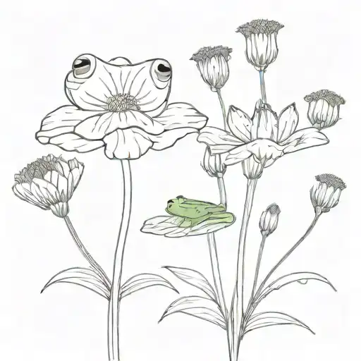 cosmos and marigold flowers with stems with cute frog facing me  tattoo design idea
