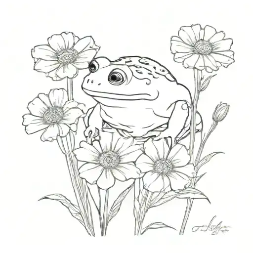 cosmos and marigold flower bouquet with cute frog  tattoo design idea