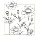 cosmos and marigold flowers with stems with cute small frog holding  the flowers  tattoo design idea