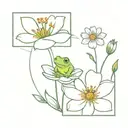 cosmos and marigold flowers with stems with cute small frog holding  the flowers  tattoo design idea