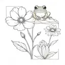 cosmos and marigold flowers with stems with cute small frog holding  the flowers  tattoo design idea