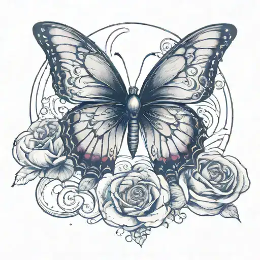 ruby stone butterfly moon rose and waves tattoo design idea