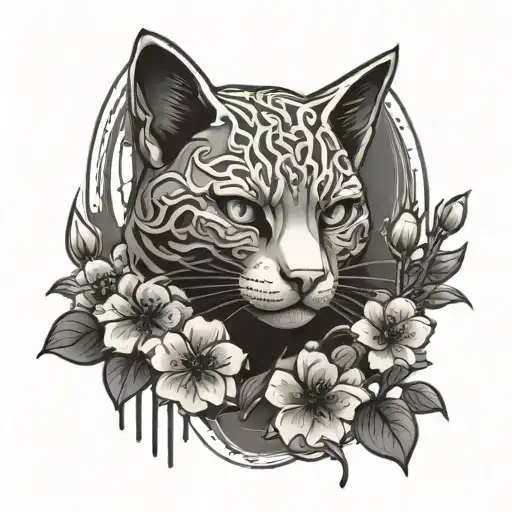 A blend of traditional Japanese cherry blossoms with futuristic cybernetic elements, incorporating hidden cat motifs tattoo design idea