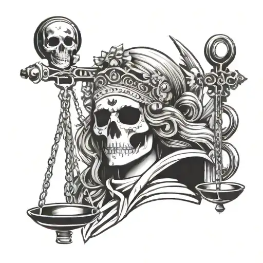 lady justice with her face as a skull and cross pistols tattoo design idea