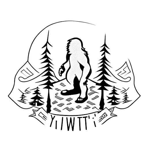 A minimalist tattoo of a silhouette of Bigfoot surrounded by the names Casey, Austin, and Julie tattoo design idea