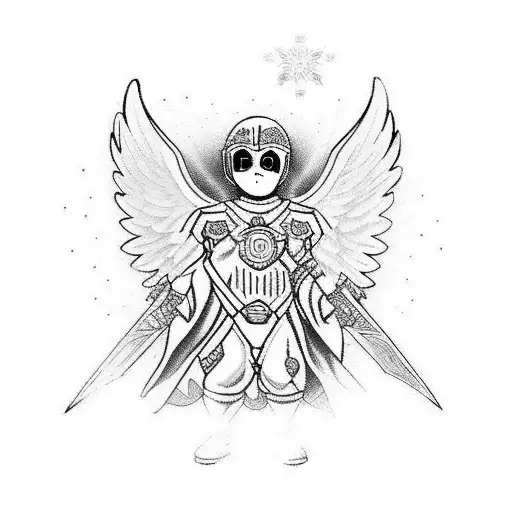 guardian angel Michael in full amour with sawrd and shield with no face tattoo design idea