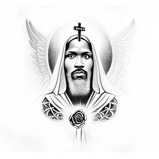 black Jesus above rose with angel dove on hand tattoo design idea