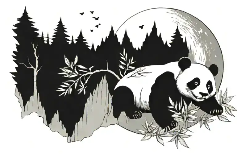 thigh mountains trees panda eating bamboo floral moon stars tattoo design idea