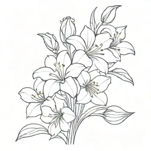 Bouquet of violet, primrose, lily, morning glory and daffodil flowers tattoo design idea