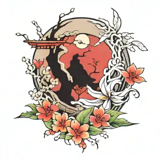 Create a Japanese style garden tattoo for the pectoral and shoulder. On the middle of the shoulder should be a stone-lik tattoo design idea