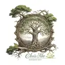 A biblical tree of life with the names "Chris", "Michelle", and "Lily" written across the trunk of the tree. tattoo design idea