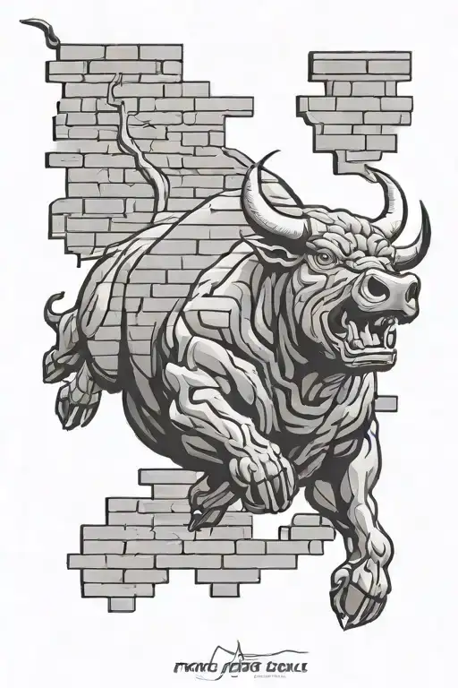 psycho bull running through a brick wall tattoo design idea