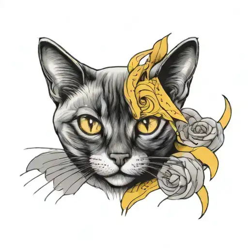 A black and gray tattoo of a Siamese cat, a yellow cat and a tricolor tattoo design idea