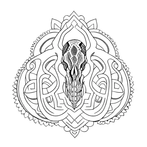 A minimalist tattoo of a snake skull surrounded by intricate patterns inspired by nature tattoo design idea