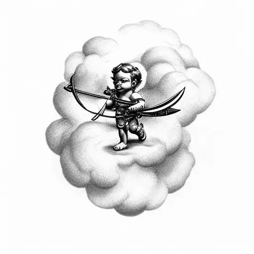 Cupid with ak47 on clouds left chest tattoo design idea