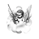 Cupid with ak47 on clouds left chest tattoo design idea