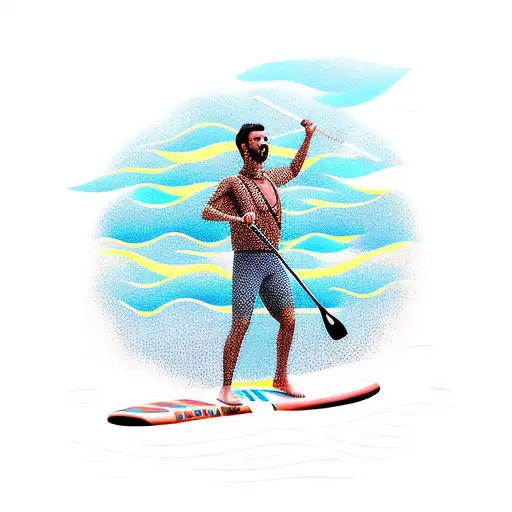 A new-school design of a person singing on a stand-up paddleboard surrounded by marine life tattoo design idea