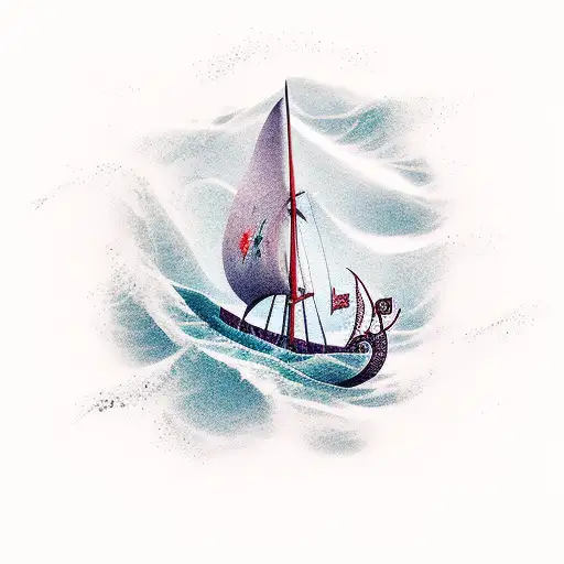 A viking ship sailing through rough waters, with a sail fish jumping out of the water alongside it tattoo design idea