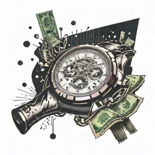 A street scene at night, with a graffiti mural of a giant Rolex watch on the wall and money raining down from the sky tattoo design idea