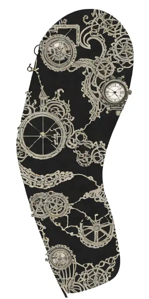 An intricate dotwork tattoo of a street map made entirely of intertwining dollar signs and Rolex watch faces, with hidden symbols representing wealth and time tattoo design idea