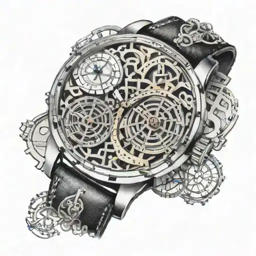 An intricate dotwork tattoo of a street map made entirely of intertwining dollar signs and Rolex watch faces, with hidden symbols representing wealth and time tattoo design idea