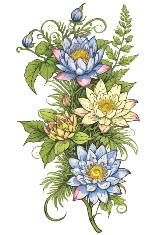 water lily and larkspurs in a fern formation tattoo design idea