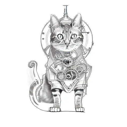 a steampunk cat tattoo design idea