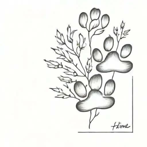 fine line paw prints and heather flowers tattoo design idea