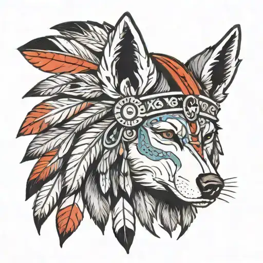 Shaman with headdress and a wolf   tattoo design idea