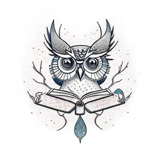 A traditional style tattoo of a wise old owl reading a book filled with equations and scientific diagrams, perched on a branch with intricate computer circuit patterns tattoo design idea