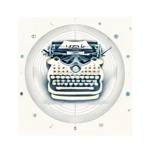 A realistic tattoo of a vintage typewriter surrounded by swirling patterns and geometric shapes, with a hidden message written in binary code tattoo design idea